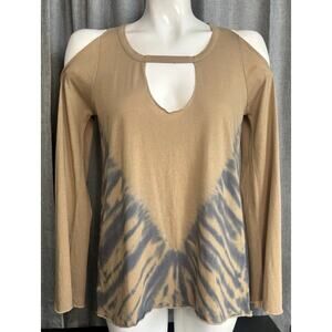 NWT Chaser Tan And Blue Tie Dye Cold Shoulder Long Sleeve Top, Size Small